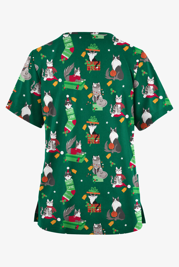 Butter-Soft Originals Playful Christmas Hunter Women's 2-Pocket Classic Fit V-Neck Print Scrub Top - null - 2