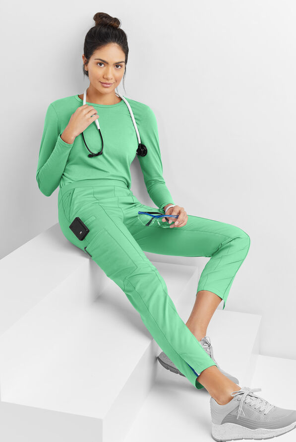 Butter-Soft STRETCH Women's 6-Pocket Pin-Tuck Crop Slim with Sport Trim Detail Scrub Pants - Green Jade/Silver Melange - 8