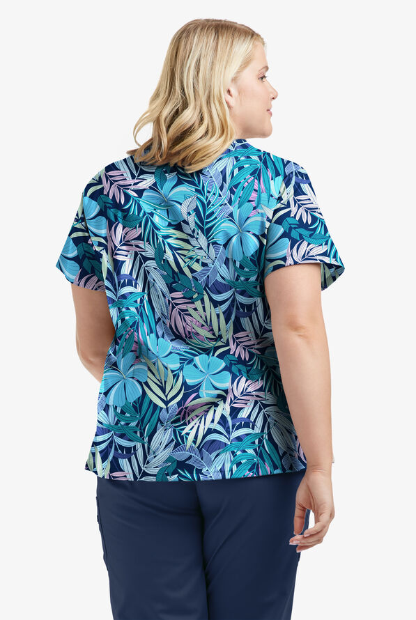 Strictly Scrubs STRETCH Tropical Mix Navy Women's 4-Pocket Criss Cross Print Scrub Top - null - 3