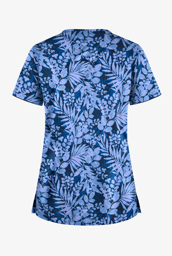 Butter-Soft Exotic Garden Royal Women's 1-Pocket V-Neck Tuck-In Print Scrub Top - null - 2