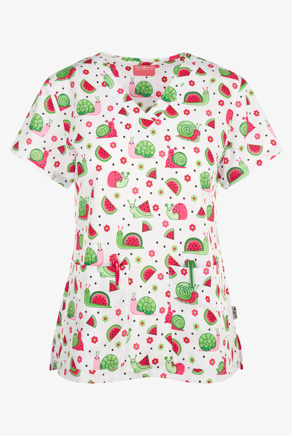 Zavate Ava Therese Snailmelons Women's 2-Pocket STRETCH V-Neck Print Scrub Top - null - 1