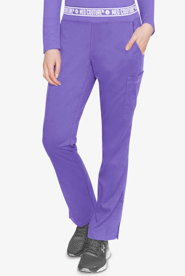 Med Couture Touch Women's 7-Pocket STRETCH Logo Elastic Double Cargo Yoga Scrub Pants - Electric Lavender - 1