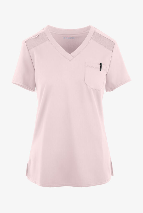 Med Couture Touch Women's 1-Pocket STRETCH Tuck In V-Neck Scrub Top - Ice Pink - 1