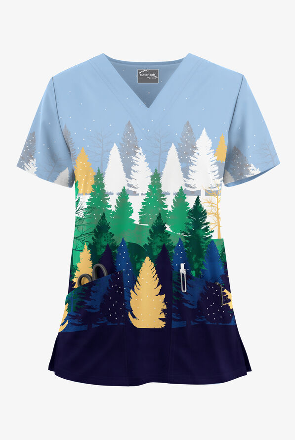 Blusa médica estampada UA Butter-Soft STRETCH Nordic Forest Hunter con cuello en V y 2 bolsillos para mujer - null - 1