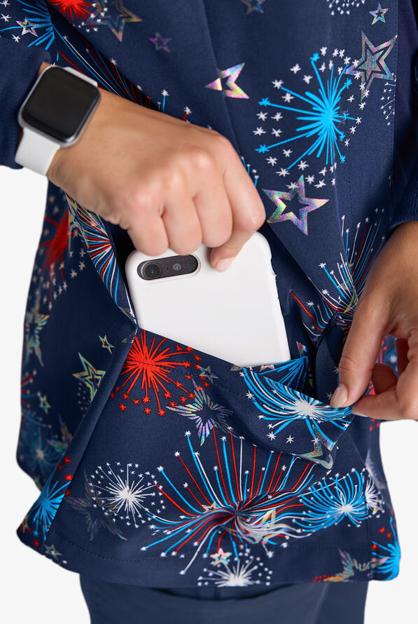 Butter-Soft STRETCH Shining Fourth Navy Women's Printed Long Sleeve Snap Front Jacket - null - 4