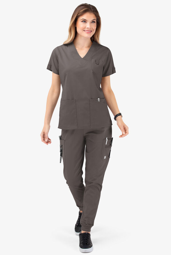 Butter-Soft STRETCH Women's 6-Pocket V-Neck Scrub Top - Cool Grey - 2