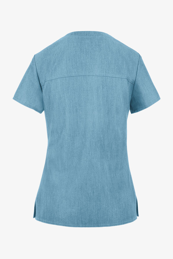 Med Couture Touch Women's 1-Pocket STRETCH Tuck In V-Neck Scrub Top - Blue Jean Baby - 2