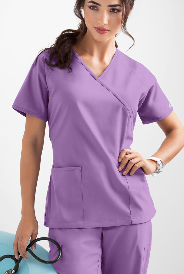 Butter-Soft Core Women's 2-Pocket Solid Mock Wrap Scrub Top - Orchid - 3