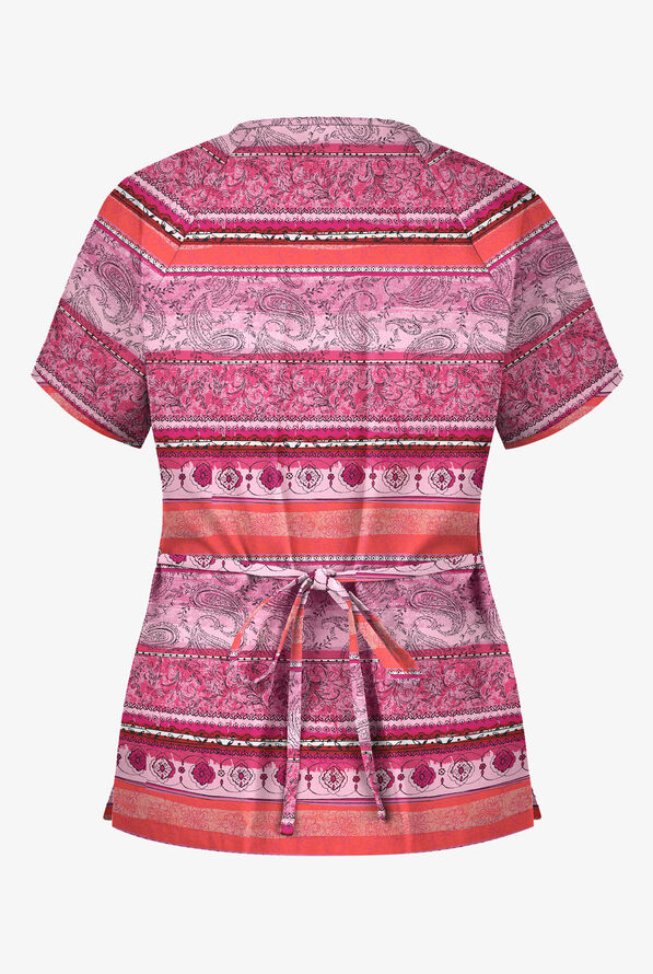 Butter-Soft Delhi Stripe Red Women's 2-Pocket Mock Wrap Print Scrub Top - null - 2
