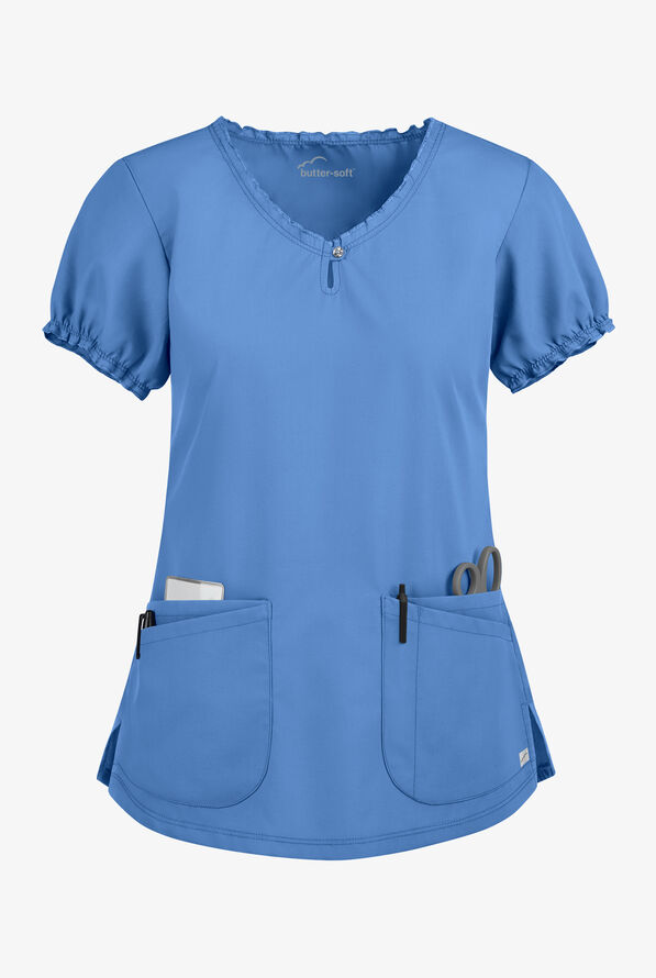 Butter-Soft Scrubs Women's 4-Pocket w/ Rhinestone Detail Keyhole Neck Scrub Top - Ceil Blue - 1
