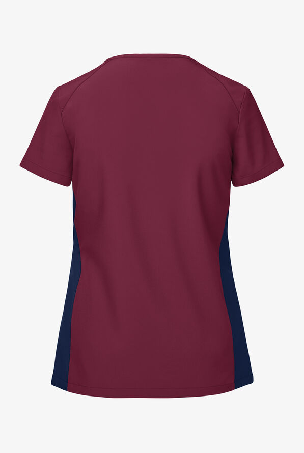 Easy STRETCH Lily Women's 4-Pocket Zip Neck Henley Scrub Top - Wine/Navy - 4