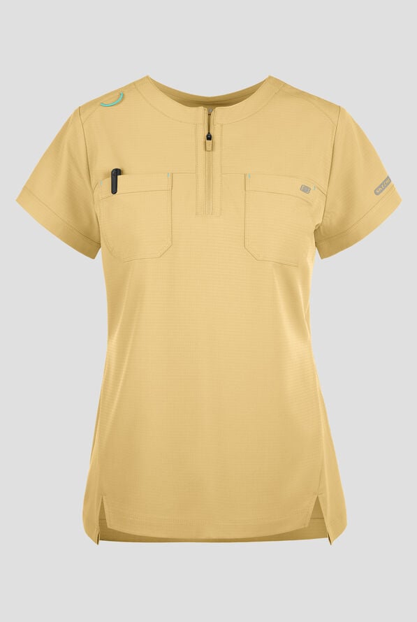 Skechers by Barco Ripstop Trek Women's 2-Pocket STRETCH Rounded Zip Neck Tuck In Scrub Top - Soft Citrine - 1