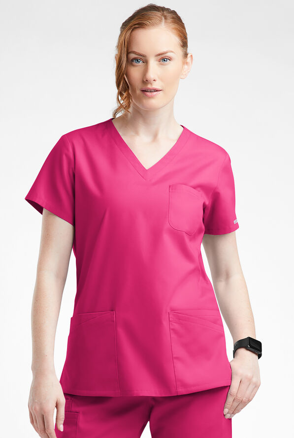 Blusa médica Butter-Soft Originals con cuello en V curvo y 7 bolsillos para mujer - Fuchsia - 2