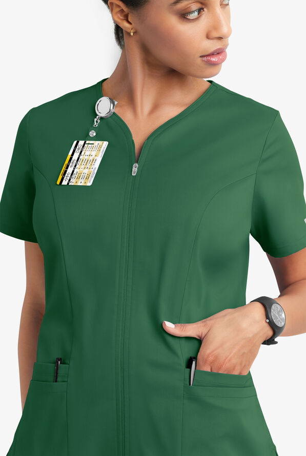 Butter-Soft STRETCH Women's 4-Pocket Smooth Face Zipper Scrub Top - Hunter - 3