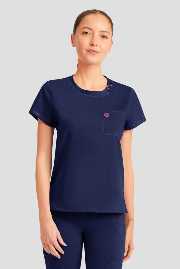Med Couture Amp Knit Women's 2-Pocket STRETCH Crew Neck Scrub Top - Navy - 2