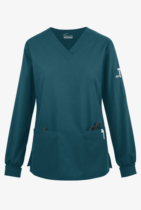Blusa médica manga larga Butter-Soft Originals con cuello en V curvo y 7 bolsillos para mujer