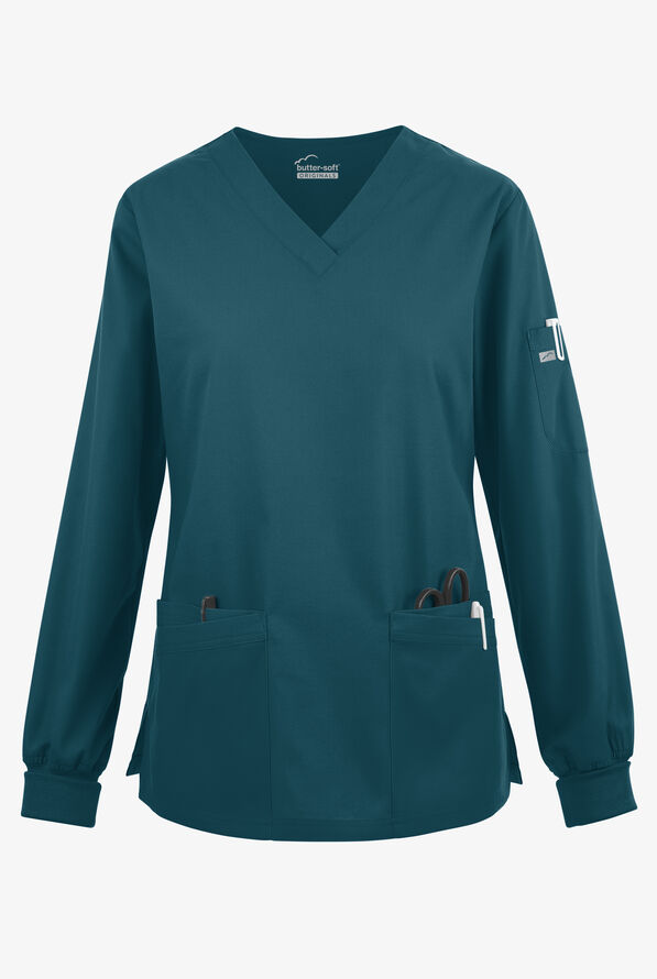 Blusa médica manga larga Butter-Soft Originals con cuello en V curvo y 7 bolsillos para mujer - Caribbean Blue - 1