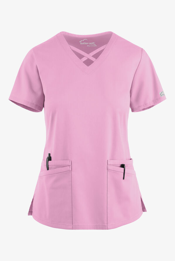 Butter-Soft STRETCH Women's 4-Pocket Crisscross Scrub Top - Sweet Rose - 1