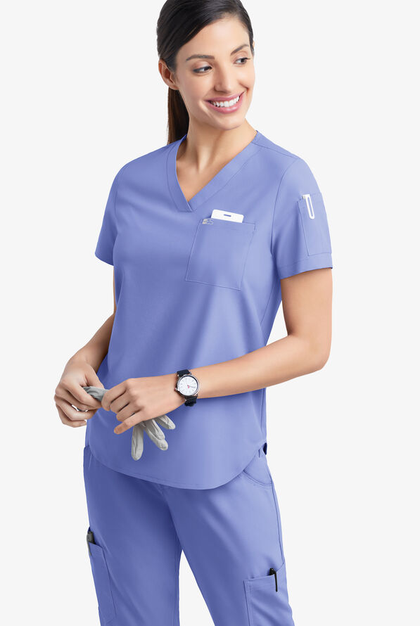 Easy STRETCH Chloe Women's 3-Pocket V-Neck Tuck-In Scrub Top - Ceil Blue - 3