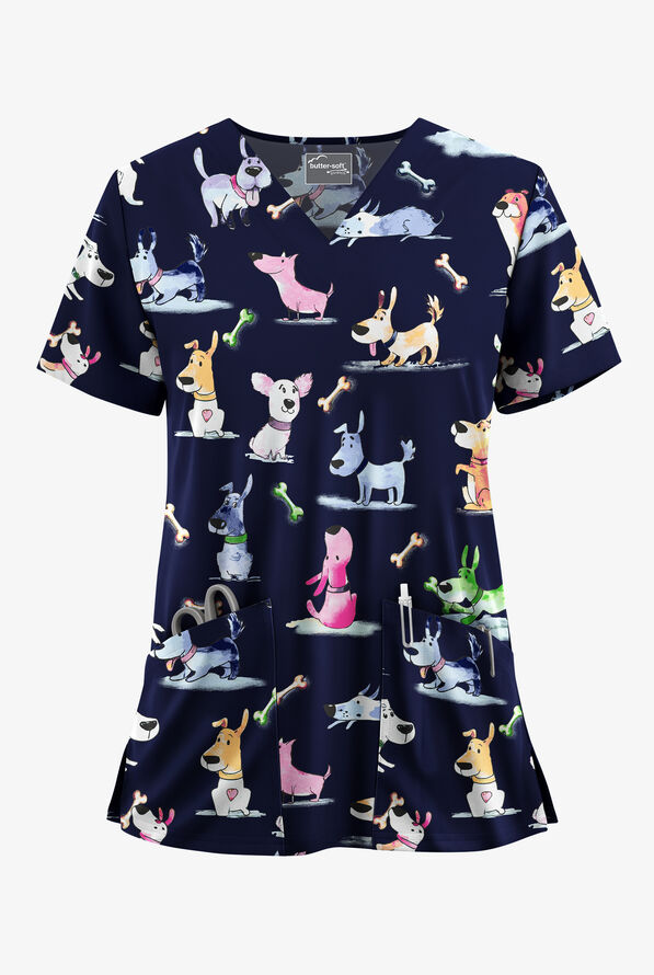 Blusa m&eacute;dica estampada Butter-Soft STRETCH Happy Tails Navy con cuello en V y 2 bolsillos para mujer - null - 1