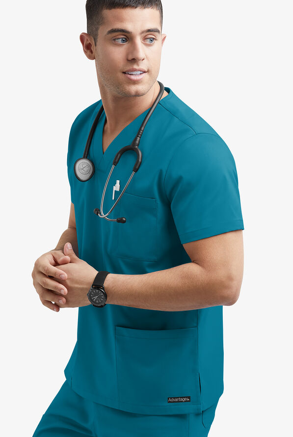 Advantage STRETCH Men's 6-Pocket V-Neck Scrub Top - Caribbean Blue - 2