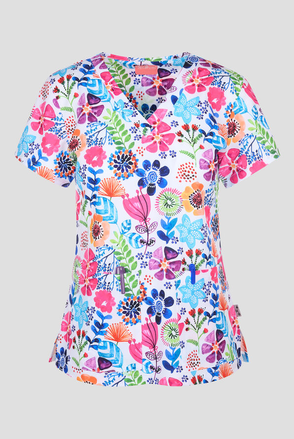 Zavate Ava Therese Botanical Blitz Women's 2-Pocket STRETCH V-Neck Print Scrub Top - null - 1