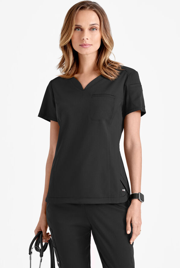 Blusa médica Grey's Anatomy by Barco Spandex STRETCH Capri con panel trasero acanalado y 2 bolsillos para mujer - Black - 2