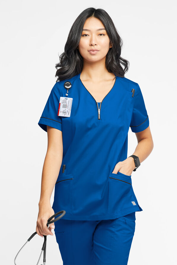 Butter-Soft STRETCH Women's 5-Pocket V-Neck with Front Zipper Scrub Top - Royal/Black - 2