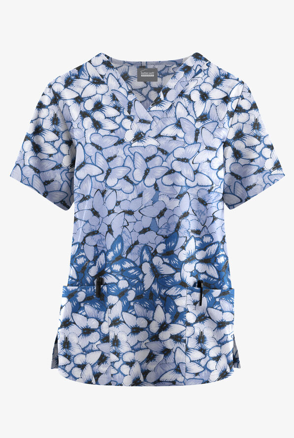 Butter-Soft Originals Garden Butterflies Ceil Women's 2-Pocket Classic Fit V-Neck Print Scrub Top - null - 1