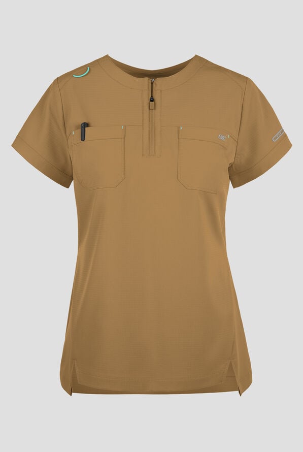 Skechers by Barco Ripstop Trek Women's 2-Pocket STRETCH Rounded Zip Neck Tuck In Scrub Top - Duffle - 1