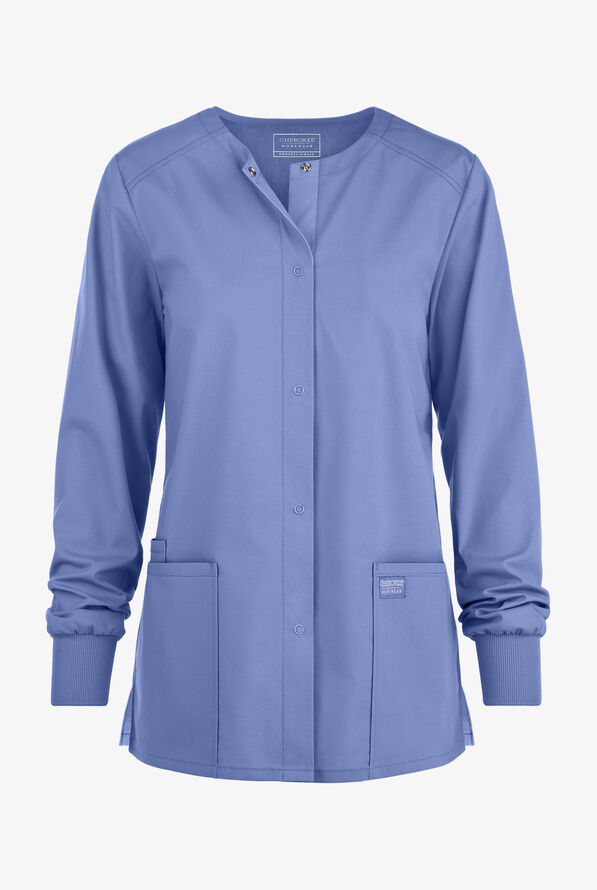 Cherokee Workwear Professionals Women's 3-Pocket STRETCH Snap Front Scrub Jacket - Ceil Blue - 1