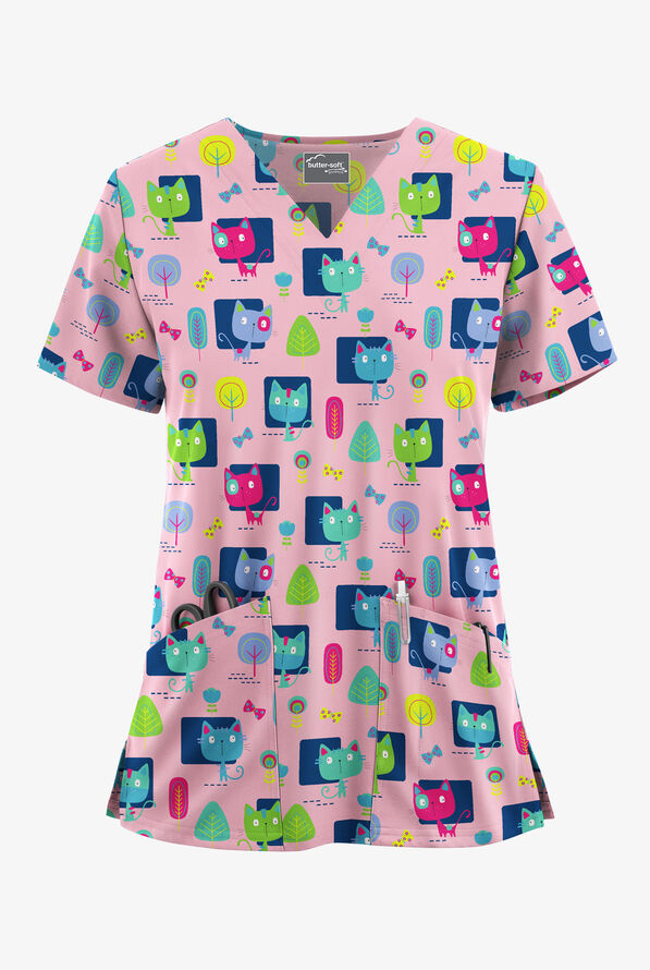 Butter-Soft STRETCH Pawsitive Vibes Royal Women's 2-Pocket V-Neck Print Scrub Top - null - 1