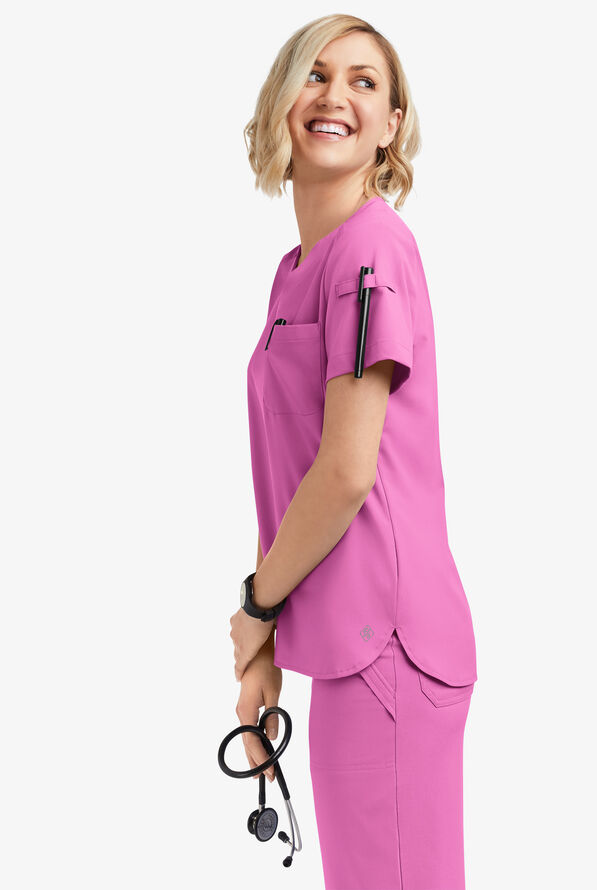 Easy STRETCH Nikki Women's 1-Pocket Scallop Neck Tuck-In Scrub Top - Magnesium Pink - 2