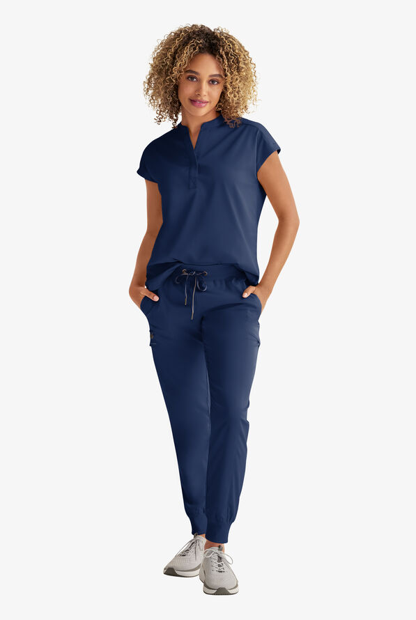 Healing Hands Purple Label Journey Women's 2-Pocket STRETCH Dolman Sleeve Mandarin Collar Scrub Top - Navy - 2