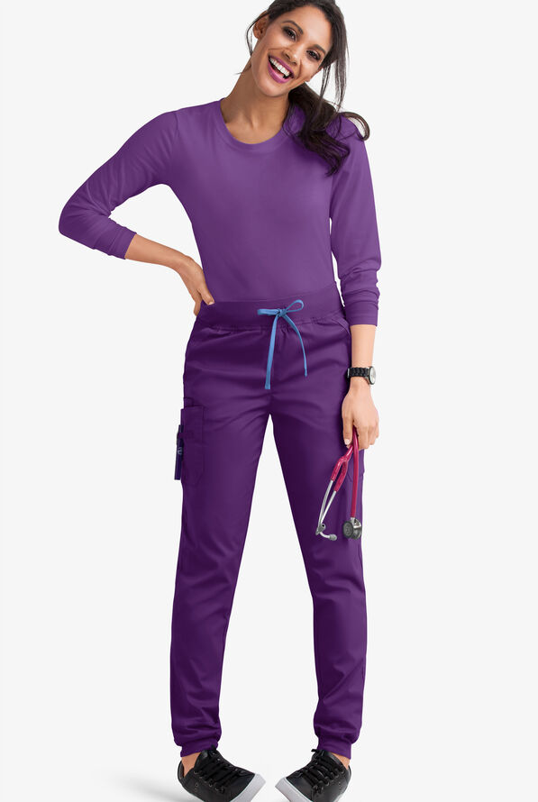 Butter-Soft STRETCH Women's 5-Pocket Contrast Trim Drawstring Cargo Scrub Pants - Eggplant/Ceil - 2