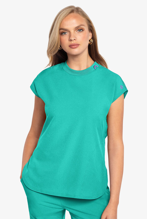 Med Couture Amp Women's 2-Pocket STRETCH Tuck in Dolman Crew Neck Scrub Top - Teal Tonic - 2