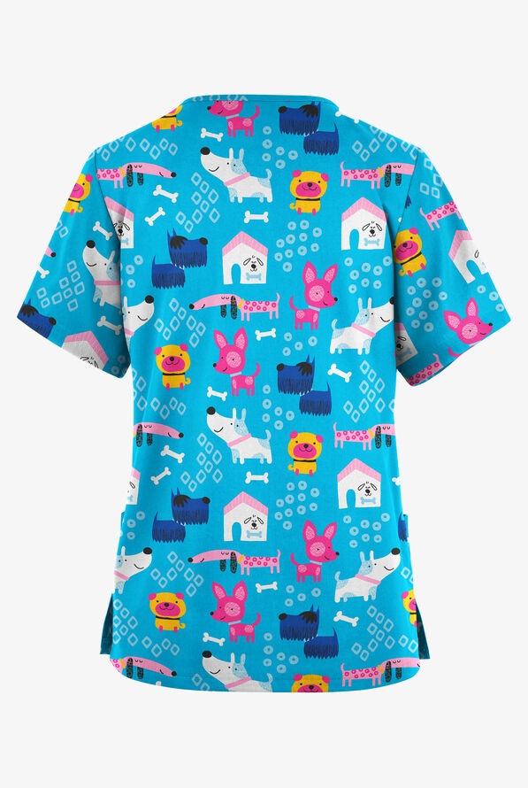 Butter-Soft Originals Playful Dogs Turquoise Women's 2-Pocket Classic Fit V-Neck Print Scrub Top - null - 2