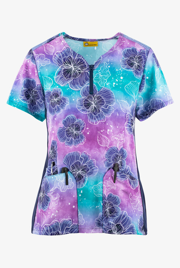  WonderWink Lilac Dreams Floral Women's 3-Pocket STRETCH Zip Notch Neck Print Scrub Top - null - 1