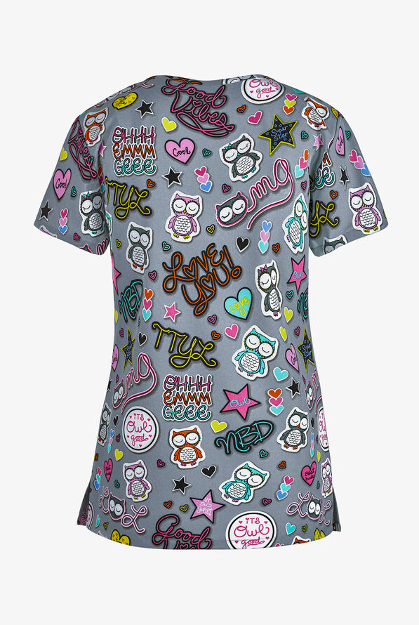 Green Town OMG Owl V-Neck Print Scrub Top - null - 2