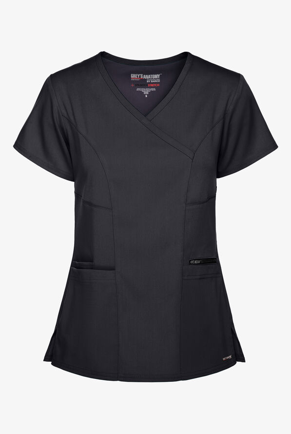 Grey's Anatomy by Barco Spandex STRETCH Kim Women's 3-Pocket Mock Wrap Scrub Top - Black - 1