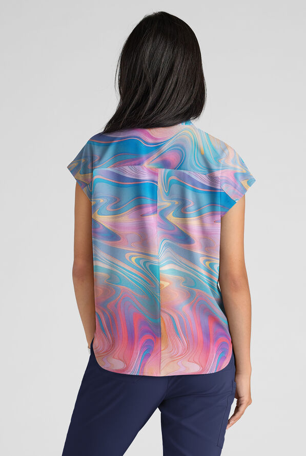 Easy STRETCH Dreamy Waves Turquoise Women's 2-Pocket Oversized Dolman Sleeve Print Scrub Top - null - 2