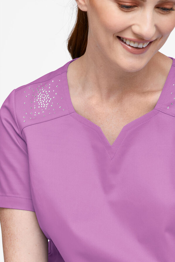 Butter-Soft STRETCH Women's 6-Pocket Crystal Bling Scrub Top - Orchid - 4