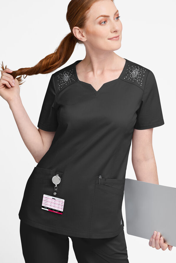 Butter-Soft STRETCH Women's 6-Pocket Crystal Bling Scrub Top - Black - 5