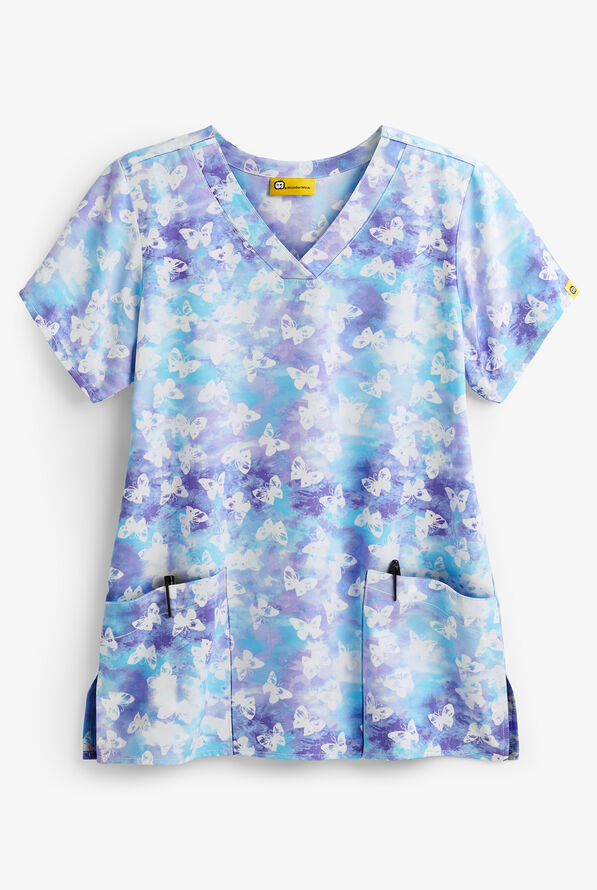 WonderWink Moody Blue Butterfly Women's 2-Pocket V-Neck Print Scrub Top - null - 1