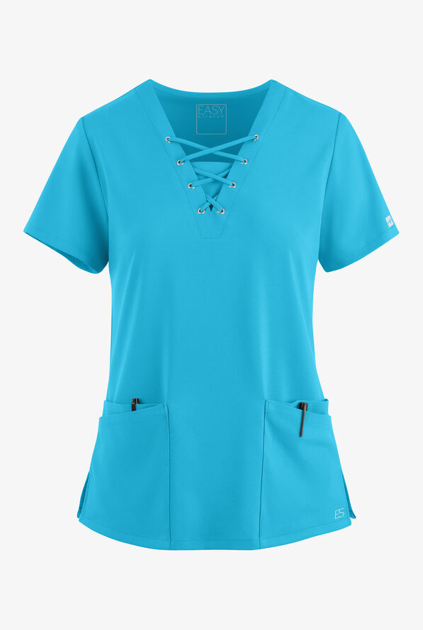 Easy STRETCH Gisele Women's 4-Pocket Lace Up V-Neck Scrub Top - Turquoise - 1