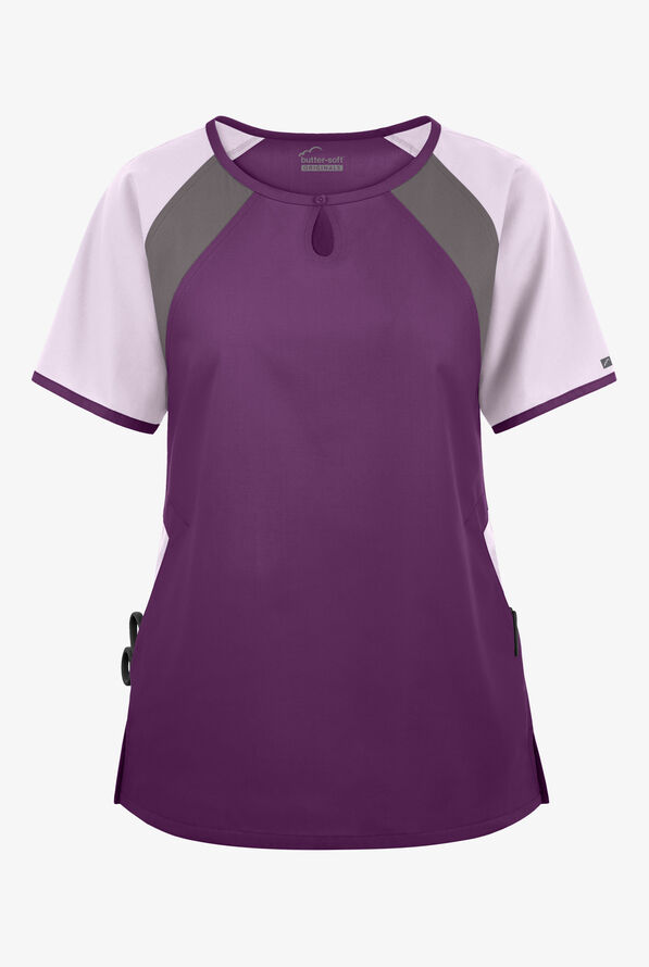 Blusa médica Butter-Soft Originals Tri-Colorblock con cuello ojo de cerradura y 3 bolsillos para mujer - Eggplant/Orchid Petal/Greystone - 1