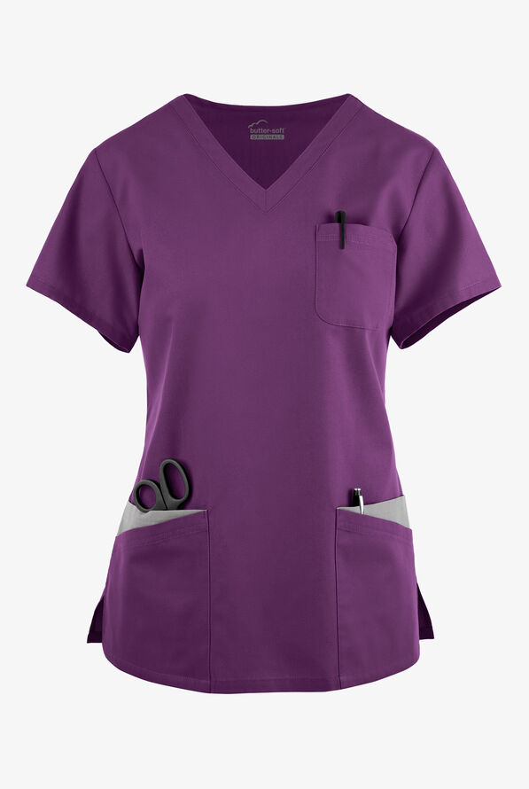 Blusa médica Butter-Soft Originals con cuello en V redondeado y 7 bolsillos para mujer - Eggplant/Silver - 1