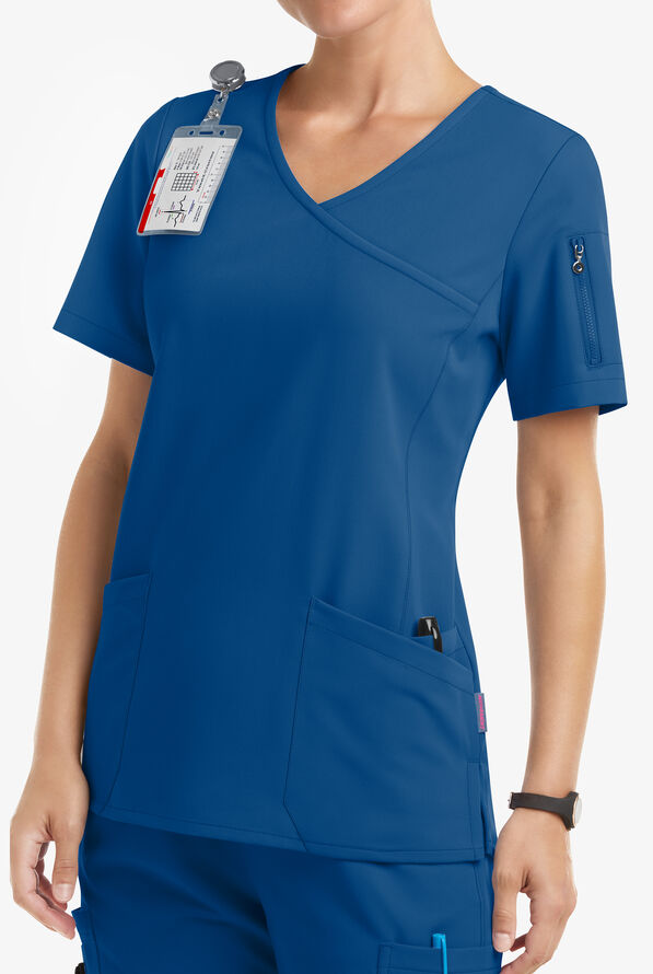 MOVEMENT by Butter-Soft Capella Women's 5-Pocket Faux Wrap STRETCH Scrub Top - Royal - 2