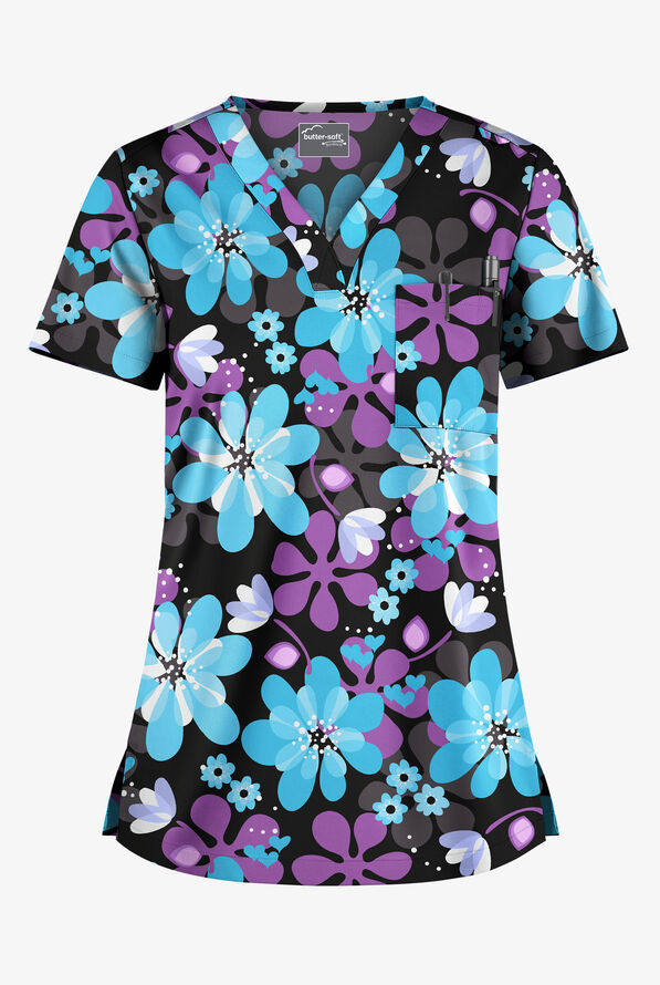 Blusa médica estampada Butter-Soft STRETCH Fantasy Flora Black con cuello en V y 1 bolsillo para mujer - null - 1