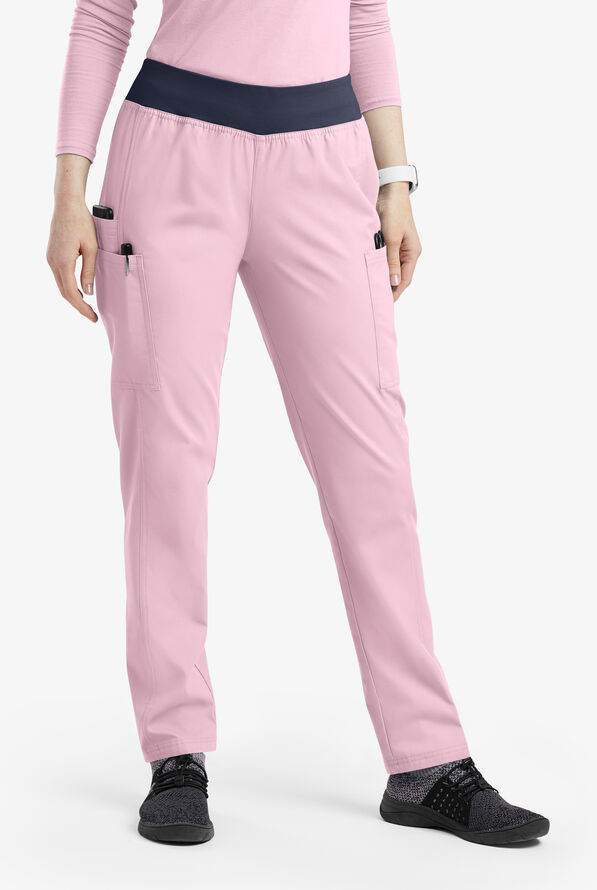 Butter-Soft Originals Women's 5-Pocket Mid Rise Tapered Leg Yoga-inspired Scrub Pants - Rose Quartz/Navy - 1